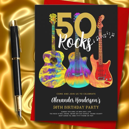 Guitar Black and Gold 50th birthday party 招待状