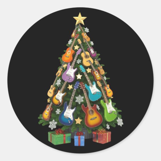 Guitar Christmas Tree Theater Musical Lover Merry ラウンドシール (正面)