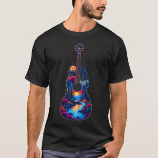 Guitar Lake Reflections Forest Pine Tree Moon Camp Tシャツ