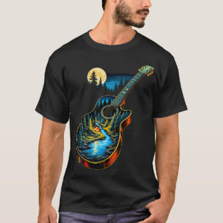 Guitar Lake Reflections Forest Pine Tree Moon Camp Tシャツ