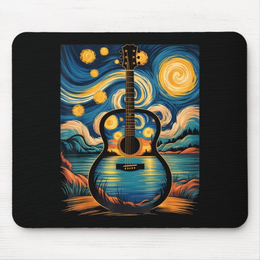 Guitar Lake Starry Night Music Guitarist Van Gogh  マウスパッド (正面)