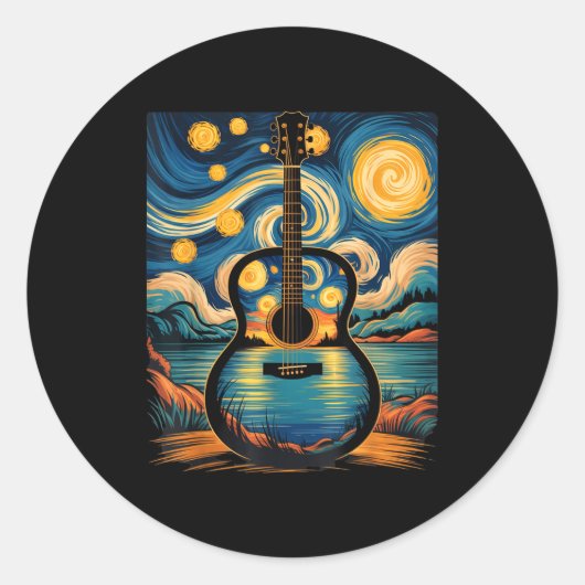 Guitar Lake Starry Night Music Guitarist Van Gogh  ラウンドシール (正面)