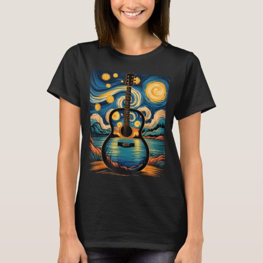 Guitar Lake Starry Night Music Guitarist Van Gogh  Tシャツ (正面)
