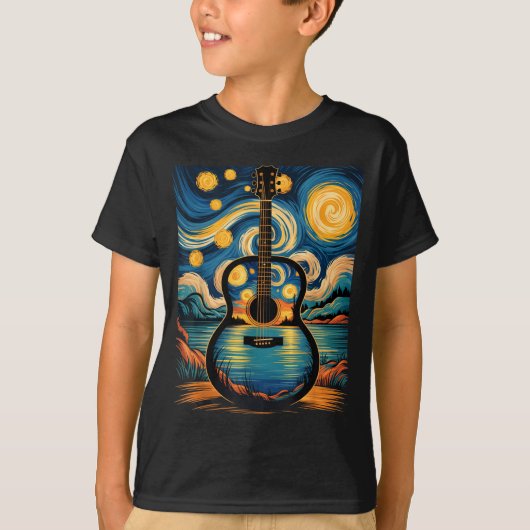 Guitar Lake Starry Night Music Guitarist Van Gogh  Tシャツ (正面)