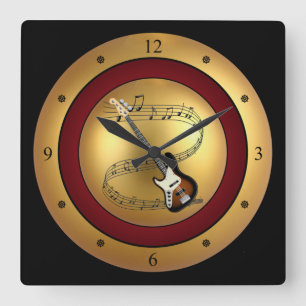 Guitar~Musical電気Scroll~Gold/Maroon/Blackの~ スクエア壁時計
