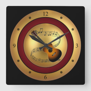 Guitar~Musical Scroll~Gold/Maroon/Blackの背景 スクエア壁時計