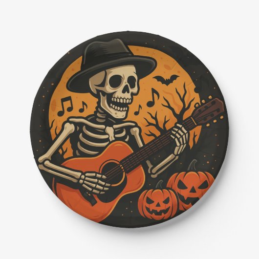 Guitar-Playing Skull Halloween Paper Plate ペーパープレート (正面)