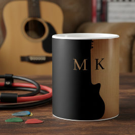 Guitar Silhouette Tan Wood Name Monogram コーヒーマグカップ
