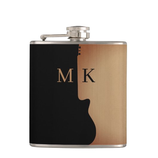 Guitar Silhouette Tan Wood Name Monogram フラスク (正面)