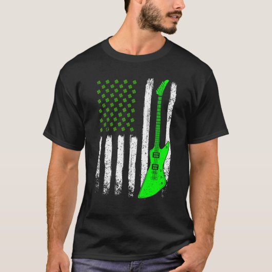 Guitar St Patrick's Day American Flag Irish Cultur Tシャツ (正面)