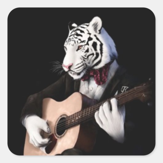 Guitar Tiger – Playful Sticker Illustration スクエアシール (正面)