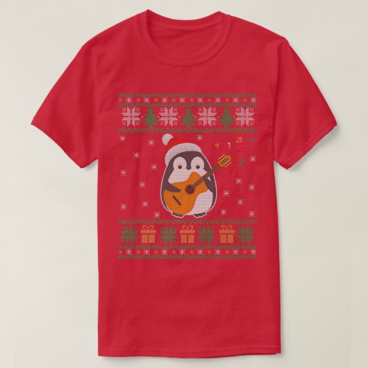Guitar Ugly Christmas Sweater Penguin Xmas Family Tシャツ (デザイン正面)