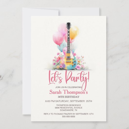 Guitar with Balloons Any Age Birthday Party 招待状 (正面)