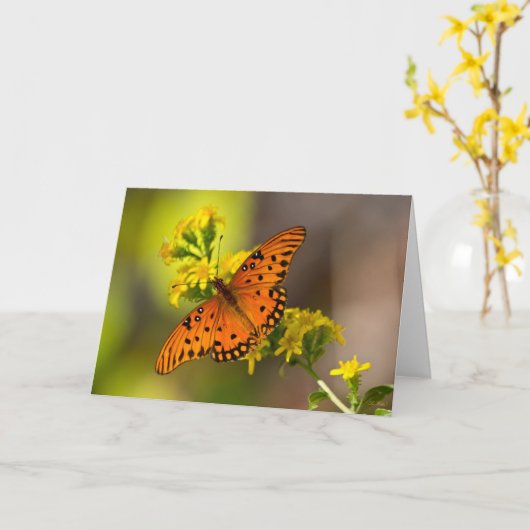 Gulf Fritillary aka Passion Butterfly on Goldenrod カード (黄色い花)