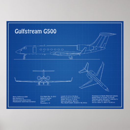 Gulfstream G500 – 飛行機の設計図の計画AD ポスター (正面)