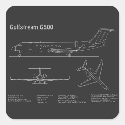 Gulfstream G500 – 飛行機設計図PD スクエアシール (正面)