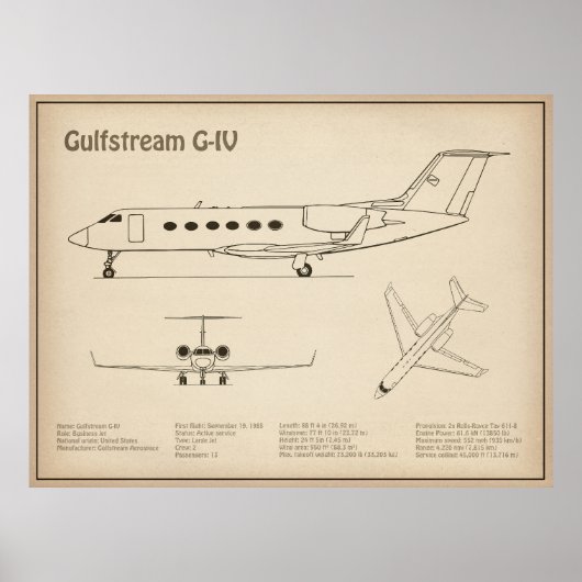 Gulfstream G-IV – 飛行機の設計図プランSD ポスター (正面)