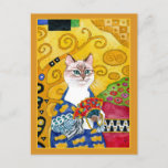 Gustav Klimt gold cute cat with fan spoof postcard ポストカード<br><div class="desc">This is a spoof of Gustav Klimt's portrait painting of "Woman with a Fan."  My version features a cat.  You can change the border color if you'd like.  This image is also available on other products in my Zazzle store.</div>