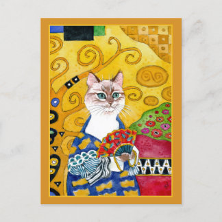 Gustav Klimt gold cute cat with fan spoof postcard ポストカード
