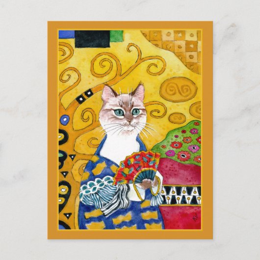 Gustav Klimt gold cute cat with fan spoof postcard ポストカード (正面)
