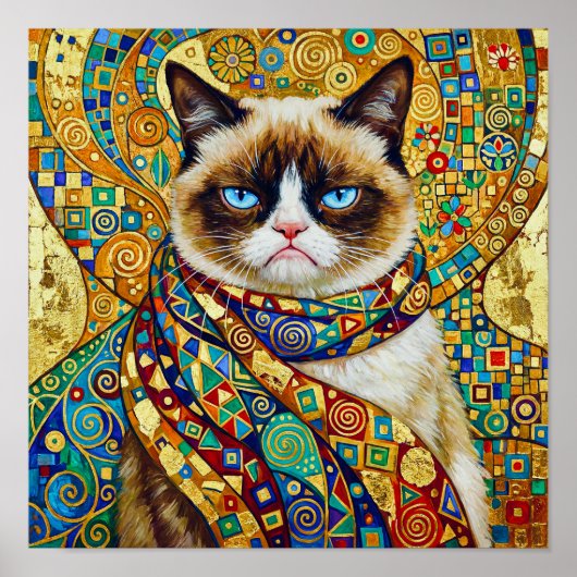 Gustav Klimt Grumpy Cat with Blue Eyes ポスター (正面)