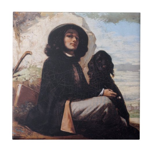 Gustave Courbet – 黒犬と自画像 タイル (正面)