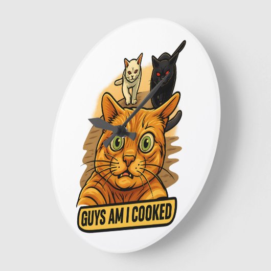 Guys Am I Cooked? Funny Cat Meme Panic Reaction ラージ壁時計 (傾斜)