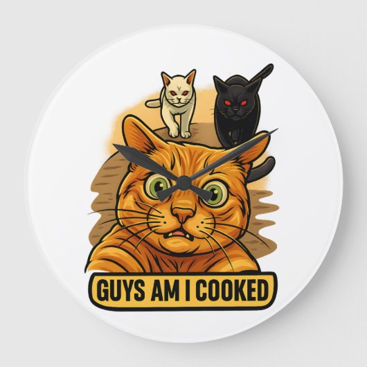 Guys Am I Cooked? Funny Cat Meme Panic Reaction ラージ壁時計 (正面)