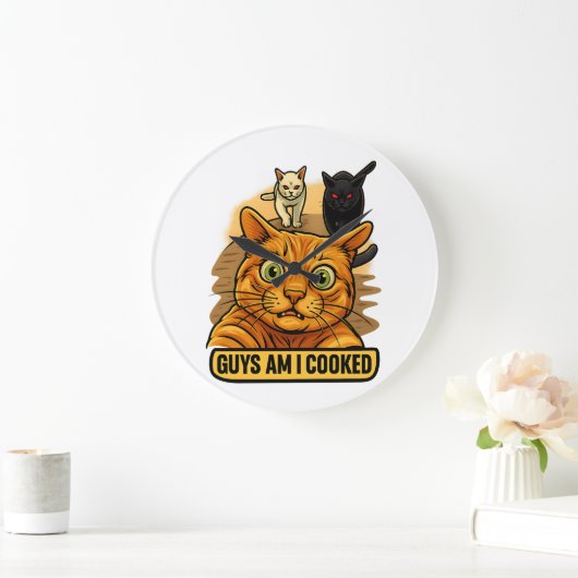 Guys Am I Cooked? Funny Cat Meme Panic Reaction ラージ壁時計 (ホーム)