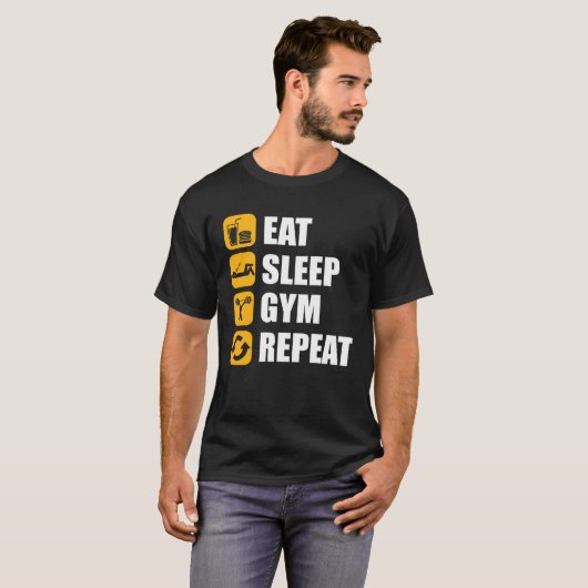 Gym Workout Motivational Quote Eat Sleep Gym Repea Tシャツ (正面フル)