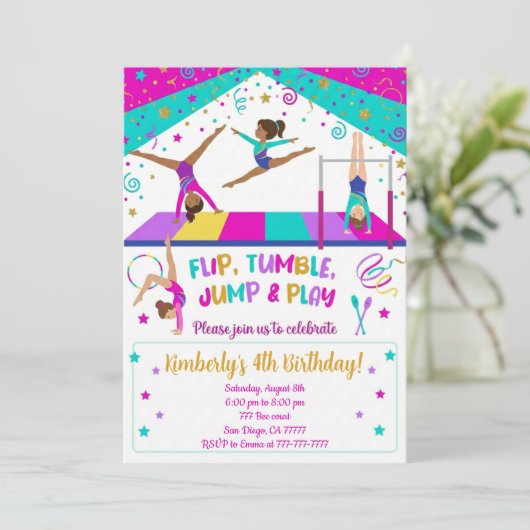 Gymnastics Pink Purple Turquoise Girl Birthday 招待状 (スタンド正面)