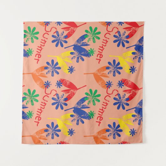 hとカラフルコンテンポラリーの夏のフローラコラージュ タペストリー (正面(横))