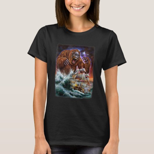Hの大海原で軍艦を襲うクラーケンとしてのモンスターオランウータン Tシャツ (正面)