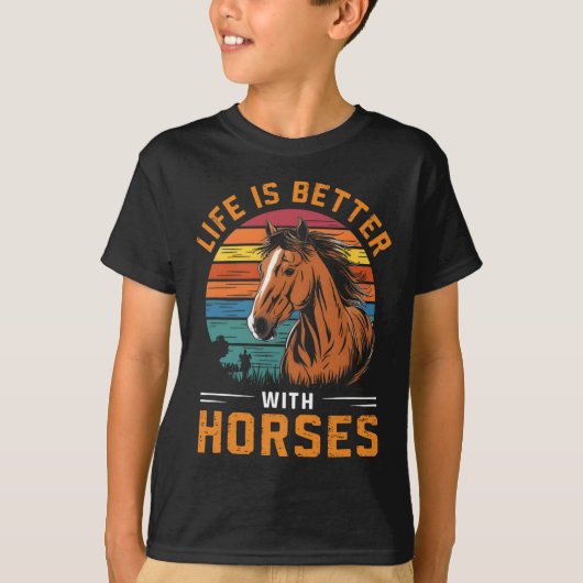 Hの馬のおもしろいレトロ馬で生活が良い Tシャツ (正面)