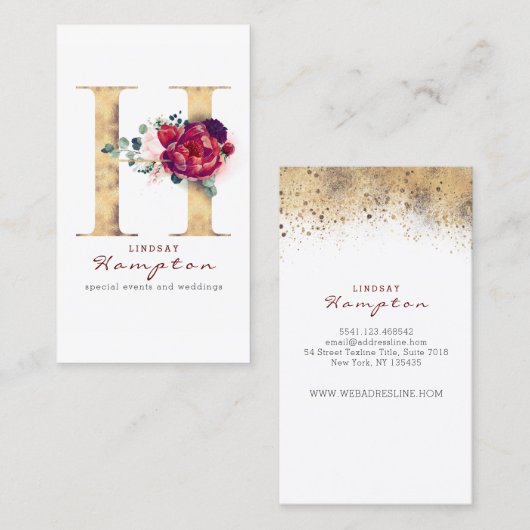 Hモノグラムブルゴーニュ赤い花とフェイク金ゴールド 名刺 (正面/裏面)