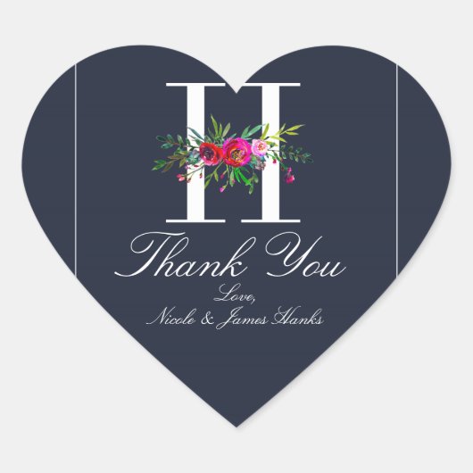 Hモノグラムラストイニシャルモダンブルーフローラ結婚ズ ハートシール (正面)