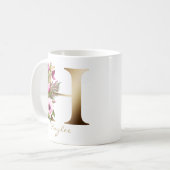 H金ゴールドモノグラム | ピンクマゼンタフローラ コーヒーマグカップ (正面左)