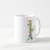 H黄金のイニシャルと青いフローラの葉 コーヒーマグカップ (正面右)