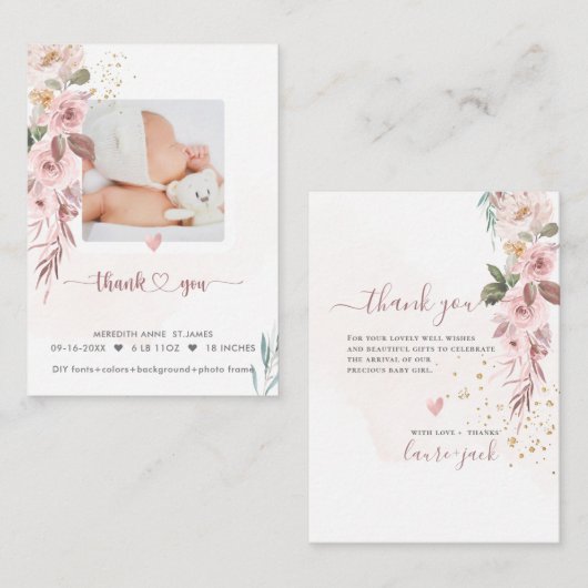 H2ほこりっぽいバラ誕生発表シャワーありがとう ノートカード (正面/裏面)