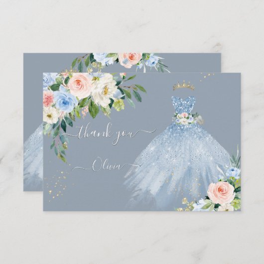 H2ピンクブルーきらめくキンセアニェラドレスサンキュー 招待状 (正面/裏面)