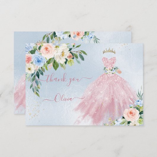 H2ピンクブルーきらめくキンセアニェラドレスサンキュー 招待状 (正面/裏面)