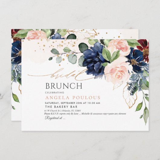 H2フラワーズ赤面ネイビーバーガンディブライダルブランチ 招待状 (正面/裏面)