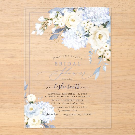 H2ブルーアジサイバラブライダルシャワー アクリル招待状 (正面)