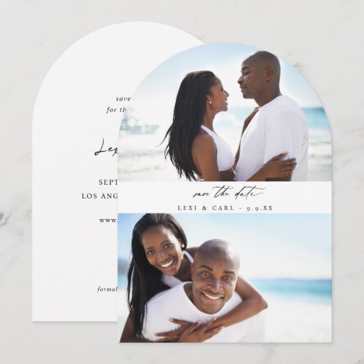 H モダン Duo写真Save the Date Arc 招待状 (正面/裏面)