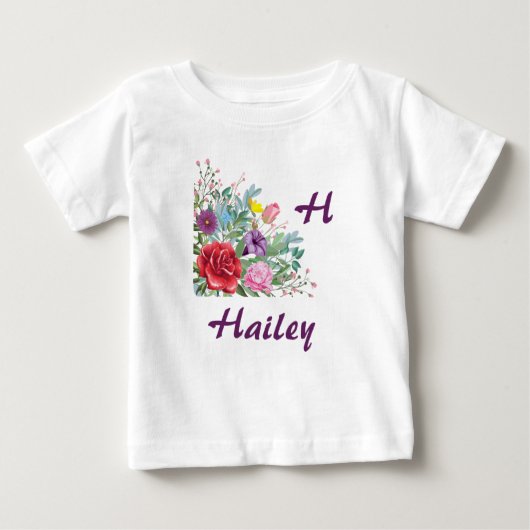 H Haileyパーソナライズ文字名,バラ花 ベビーTシャツ (正面)