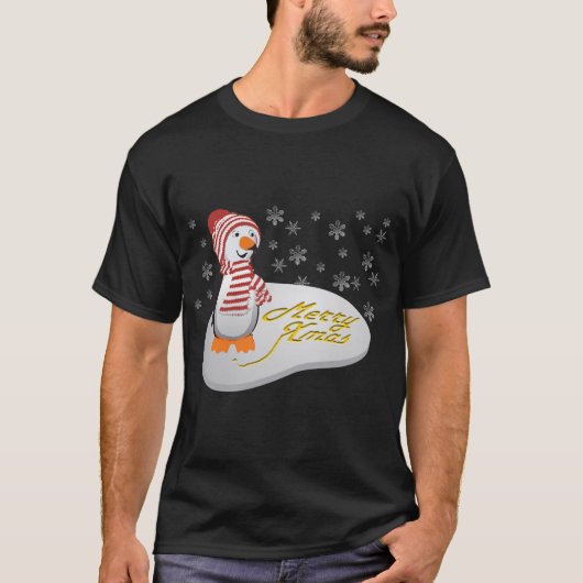Ha小便の休日のペンギン-雪のメリークリスマス Tシャツ (正面)