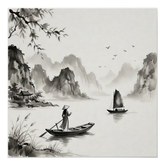 Ha Long Bay Vietnam Ink Wash Landscape ポスター (正面)