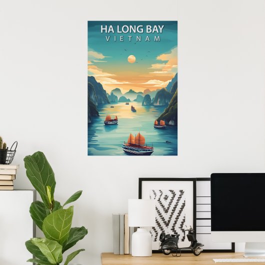 Ha Long Bay Vietnam Retro Southeast Asia Coastal ポスター (ホームオフィス)