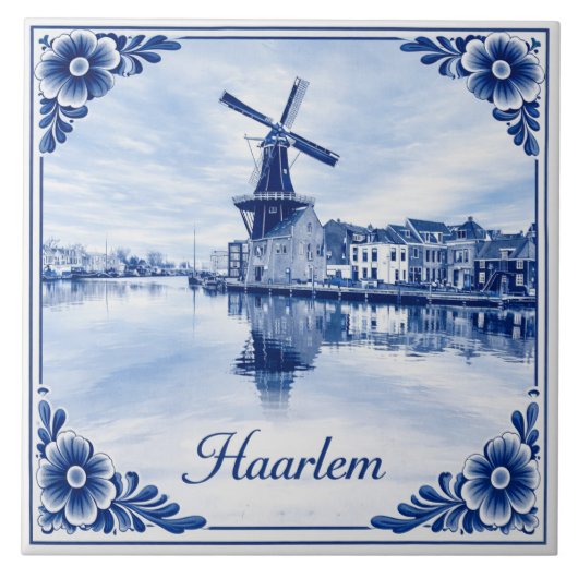 Haarlem windmill Delft Blue style ceramic tile タイル (正面)