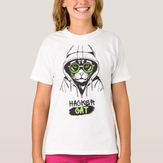 Hacker Cat Cyberpunk Tech Kitty Girls' T-Shirt Tシャツ (正面)